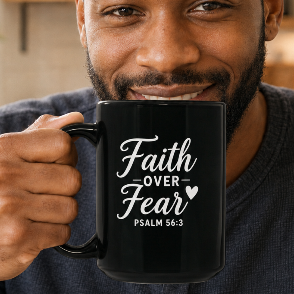 Faith Over Fear Psalm 56:3 Heart Inspirational Black Mug