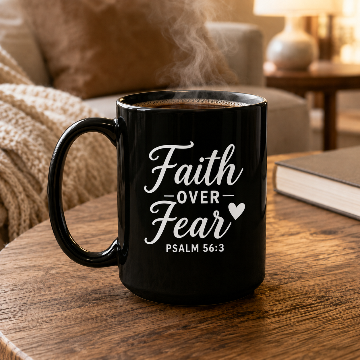 Faith Over Fear Psalm 56:3 Heart Inspirational Black Mug