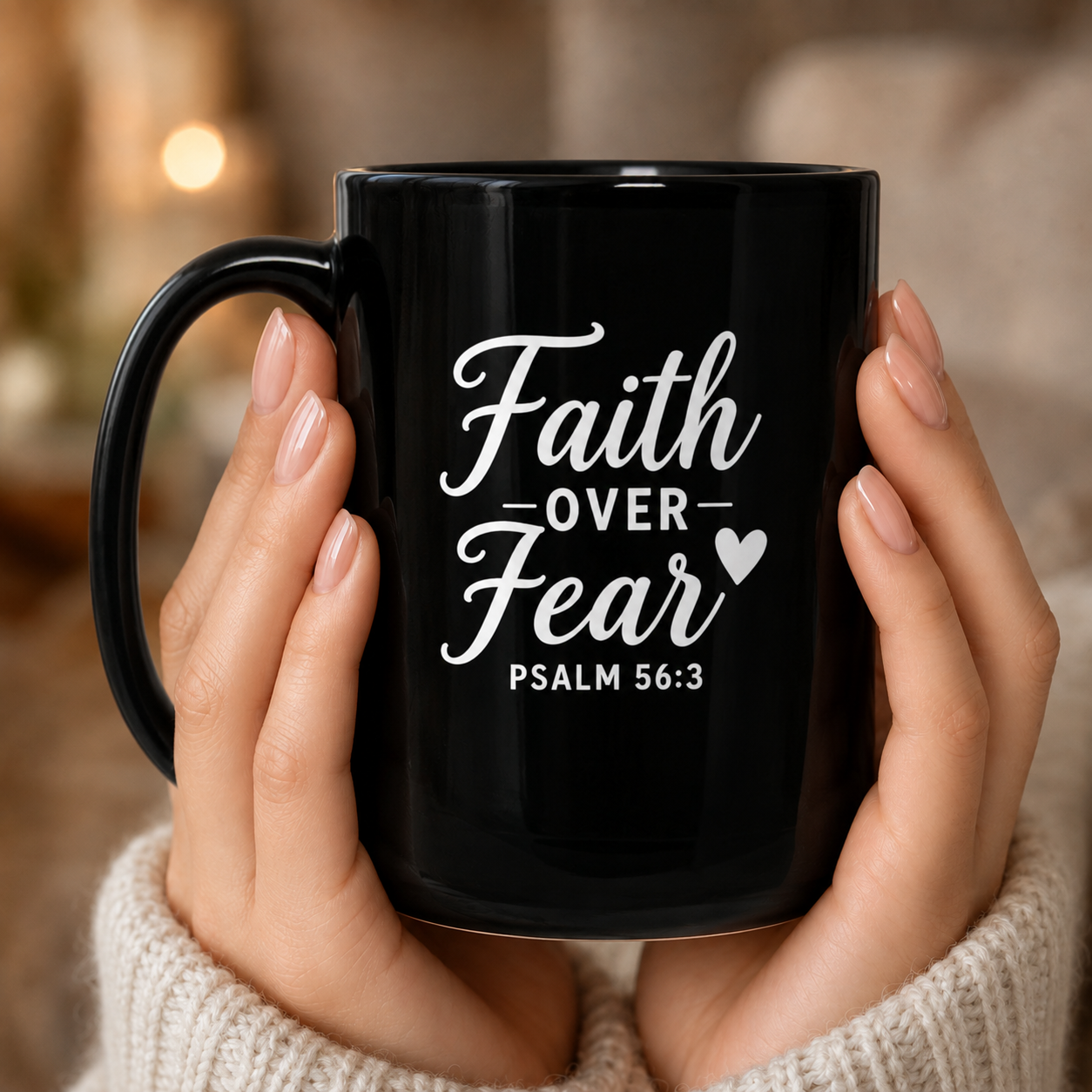 Faith Over Fear Psalm 56:3 Heart Inspirational Black Mug