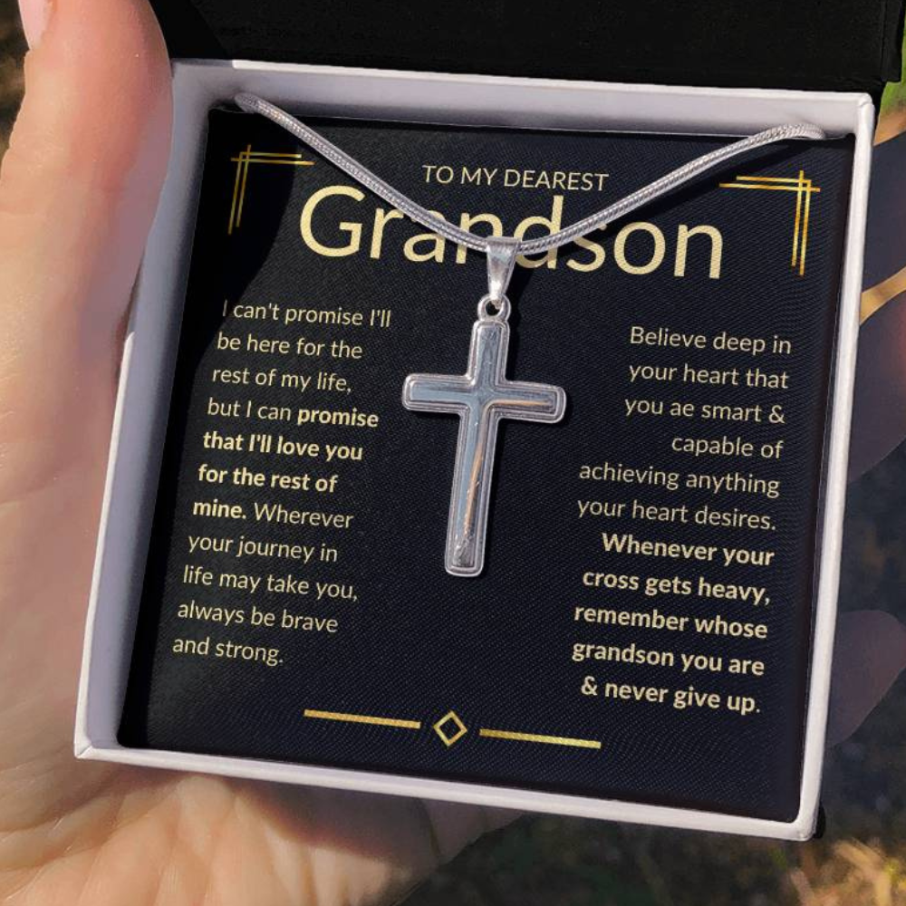 Grandson, Never Give Up - Cross Necklace - Remember whose grandson you are & never give up