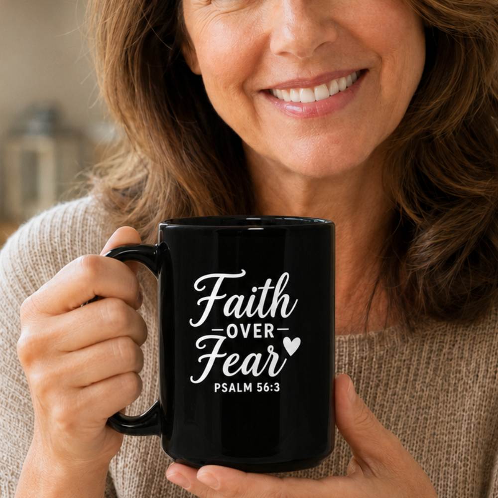Faith Over Fear Psalm 56:3 Heart Inspirational Black Mug