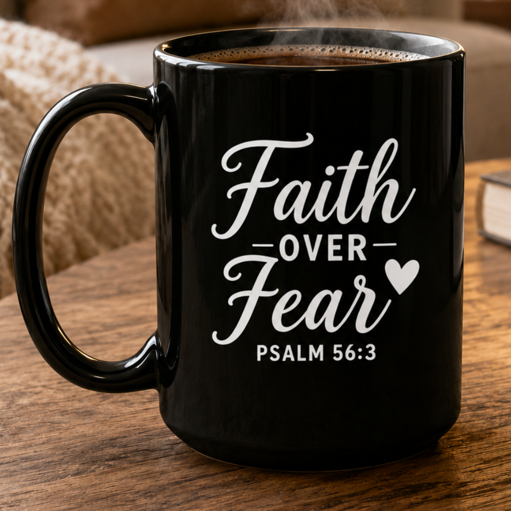 Faith Over Fear Psalm 56:3 Heart Inspirational Black Mug