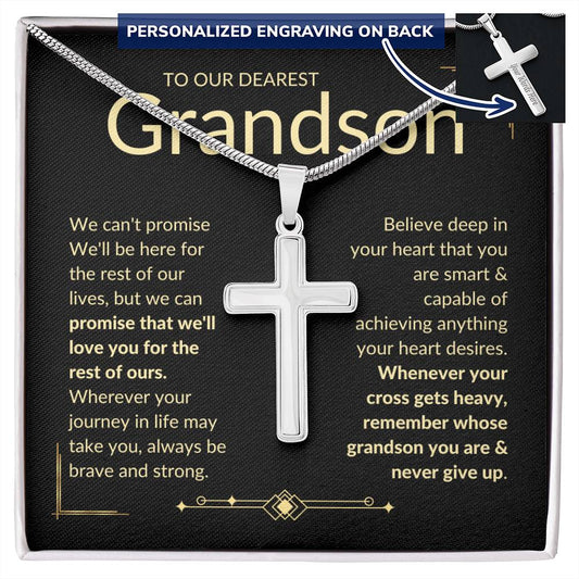 Grandson, Never Give Up - Cross Necklace - Remember whose grandson you are & never give up - From grand parents, Grandma, Granddad, Grandmother, Grandfather
