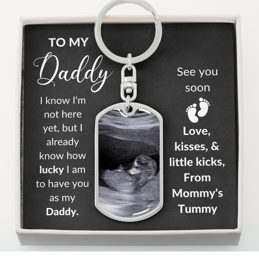 Personalized Dad Keychain Gift - Custom Baby Name - First Time Dad Father's Day Message Card - Newborn Key Chain With Ultrasound Image